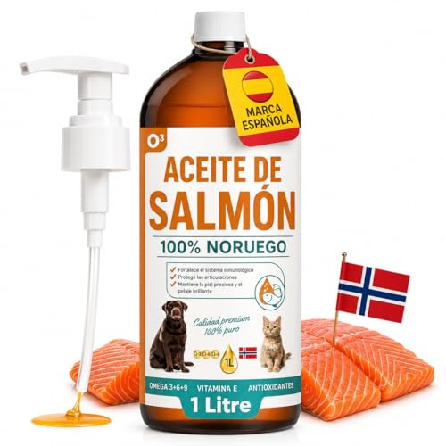 Aceite de Salmon Perros y Gatos - 1L Premium - Aceite Salmon Noruego 100% Natural con Omega 3, 6 y 9, Vitamina E, Antioxidantes para Articulaciones y Defensas - Pelo Brillante
