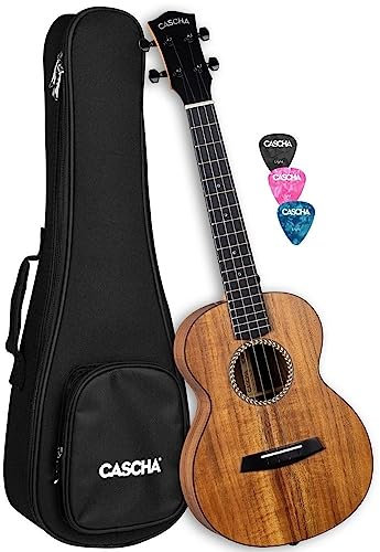 Cascha Solid Top Acacia Konzert Ukulele Erwachsene & Kinder - inkl. 3 Plektren & gepolsterter Tasche - Ukulele für Anfänger & Fortgeschrittene - hochwertige Carbon-Saiten - Top Qualität
