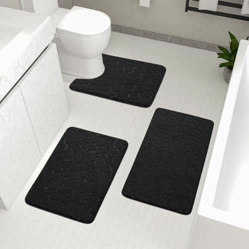 chakme Badezimmer Teppiche Sets 3 Stück, Cobblestone Memory Foam Badezimmer Matten Set dick, Anti-Rutsch-Badematten für Bad,absorbierend waschbar schwarz Badteppiche für Wanne, WC und Boden