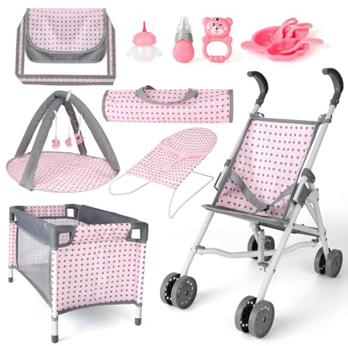 deAO Kids 5 in 1 Baby Doll Pretend Play Set Dolls,Baby Doll, Kids Pushchair for Dolls, Baby Doll Cot, Dolls Cradle, Play Mat,Doll Accessories (Doll Not Included)