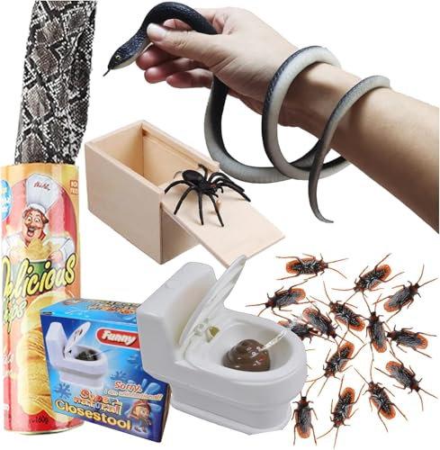 JIMITOP Prank Kit Funny Gag Gifts, Realistic Rubber Snakes Fake Roaches Surprise Spider Box for April Fools Day Halloween Party Decoration Adults Men