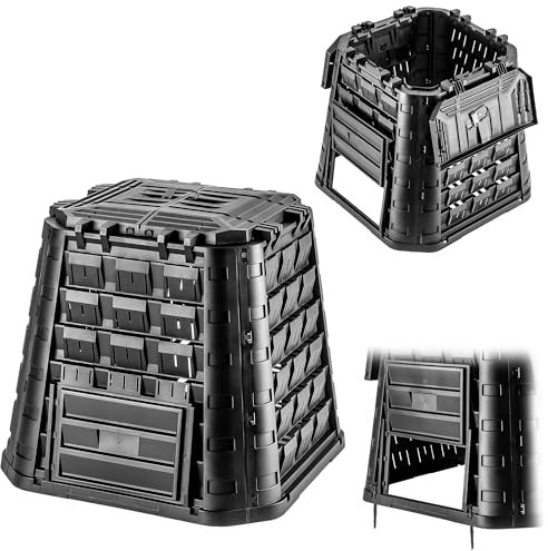 KADAX Gartenkomposter aus Kunststoff, Komposter für Gartenabfälle, Komposttonne mit Lüftung, Kompostbehälter mit Tröpfchenbewässerung, Schnellkomposter (Schwarz 450 L)