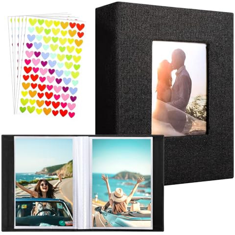 Fotoalbum, 100 Seiten Fotoalbum Einsteckalbum, 16.5 * 13cm Leinen Einstecken Einsteckalbum mit 6 Liebesaufkleber, Einsteckalbum für Hoch und Querformat Fotos(Schwarz/Leinen Cover