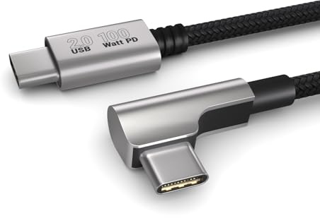 0,2 m laddningskabel, 100 W strömförsörjning, USB C till USB C-kabel, USB 2.0, elegant vinklad kontakt, särskilt flexibelt tyghölje i svart