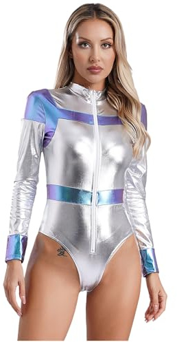 TiaoBug Dam metallisk body slim fit bodycon bodysuit stretch jumpsuit kort overall sport leotard dans jersey karneval kostym, Silver Space B, XXL