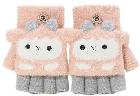 Faxianther Kids Cartoon Cat Sheep Knitted Gloves, Girls Boys Winter Warm Writing Reading Half Finger Gloves Cold-Proof Cycling Camping Ski Full-Finger Gloves Mitts for 3-8 Yrs Girls Boys