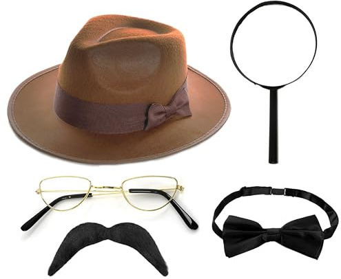Detektivtillbehörsset för vuxna – brun Fedora-hatt, förstoringsglas, halvmåneglasögon, fluga och mustasch – vuxna utredare maskeraddräkt tillbehör set