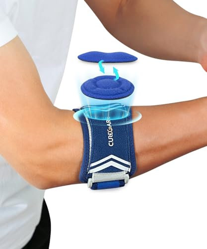 CURECARE Tennis Elbow Support Strap, Adjustable Tennis Elbow Brace for Tendonitis Pain Relief with 2 Compression Pad, Non-slip Tennis & Golfers Elbow Support for Men Women, Epicondylitis Clasp, Blue