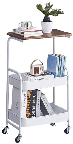 Chariot de rangement avec plan de travail en bois, chariot utilitaire en métal sur roulettes, chariot mobile pour les petits espaces, chariot pour salon, chambre, cuisine, école et beauté