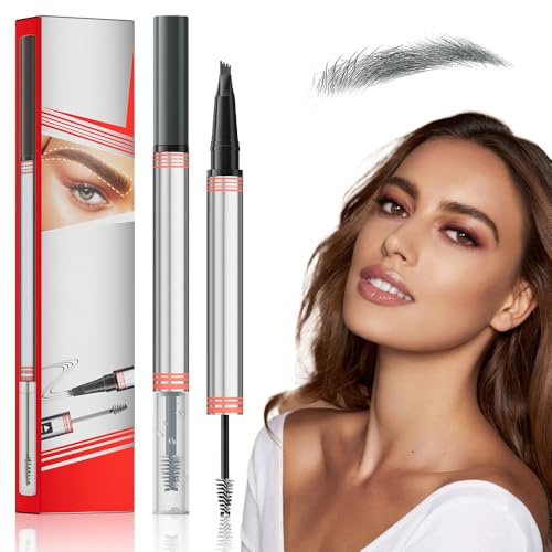 2In1 Augenbrauenstift mit Gel, 2025 Neu Microblading Augenbrauenstift mit 4 Gabelspitzen, 2-in-1 Brow Pen and Sealing Brow Gel Wasserfester AugenbrauenStift Magischer Eyebrow Pencil (03#Grau)