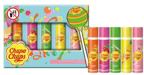 Chupa Chups Lip Licking Lip Balm Collection, 5 Assorted Flavors: Orange Pop, Strawberry Swirl, Melon Mix, Pineapple Punch, and Peach Pulp - Fun, Flavored Lip Care Gift Set for Kids and Adults