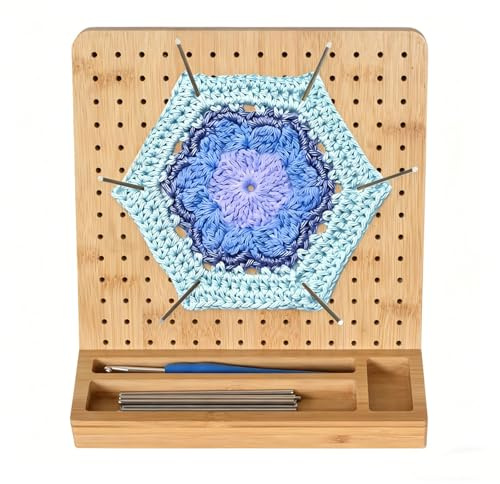 Luxvara Planche de Blocage Crochet, Planche Blocage Crochets Carré Granny avec Feuillure, Accessoires de Crochets Tricot avec 20 Tiges de Métal et 1 Crochet, 19,8 x 19,8 cm