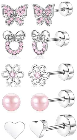 XFSRG Boucles d'Oreilles Enfant Fille Piercing Oreille Acier Inoxydable Set de 6 Designs Mignons Papillon Fleur Cœur Perle Bijoux Fantaisie pour Toutes les Occasions (Rose)