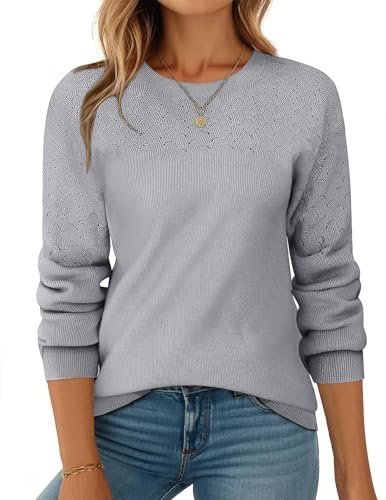 Zeagoo Jersey de punto para mujer de invierno, elegante, cuello redondo, manga larga, jersey de punto, punto superior, jersey de ganchillo, tallas S-XXL, gris, XXL
