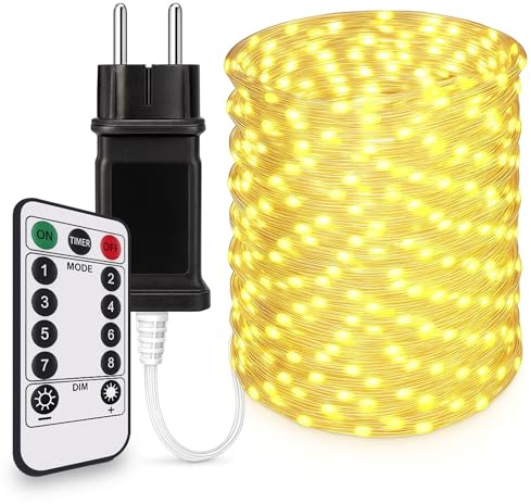 Luci Natale Esterno LED 50Metri-500LED Bianco Caldo Impermeabili, Luci Albero Di Natale 8 Modalità, 6 Luminosità, Con Telecomando e Cip Timer & Memoria, Luci Natalizie Da Esterno ed Interno IP44