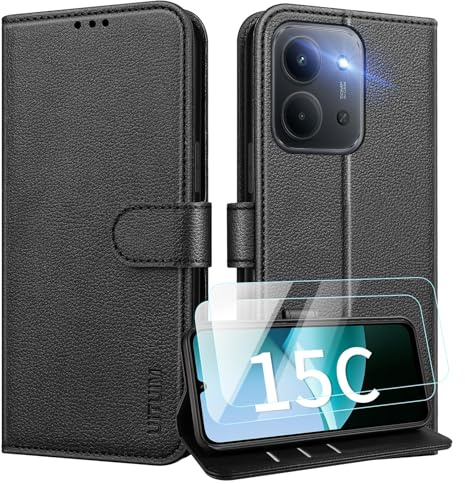 UITUIM Coque pour Xiaomi Redmi 15C 5G/4G Coque Etui Portefeuille Cuir avec 2 Verre Trempé Protection Écran Porte Carte Rabat Clapet Flip Case Étui Cover Housse Etui pour Redmi 15C 5G/4G,Noir