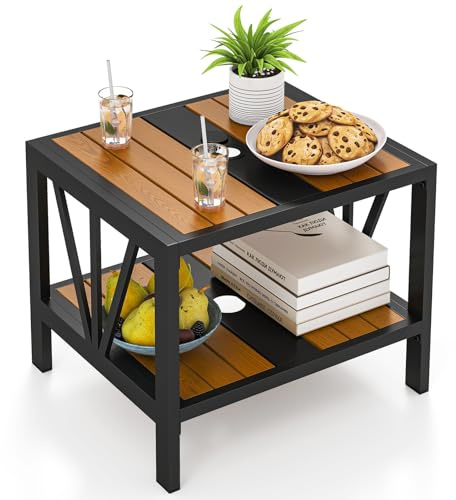 COSTWAY Sidobord utomhus väderbeständigt, trädgårdsbord med paraplyhål och hylla, litet balkongbord, soffbord för trädgård, balkong, terrass, 52 x 46 x 45 cm