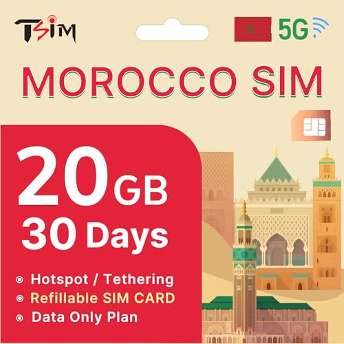 Scheda SIM Marocco 30 Giorni – 20GB Dati | Dati ad Alta Velocità 5G/4G | Hotspot Abilitato | Scheda SIM Ricaricabile | Piano Solo Dati