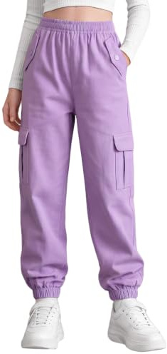 Tokeya Pantalones Cargo Niñas Algodón Suaves Pantalón de Jogging Cintura Elástica Múltiples Bolsillos Pantalón de Ocio Streetwear Casual Pantalones Cargo Joggers para Infantil 11-12 Años, Morado