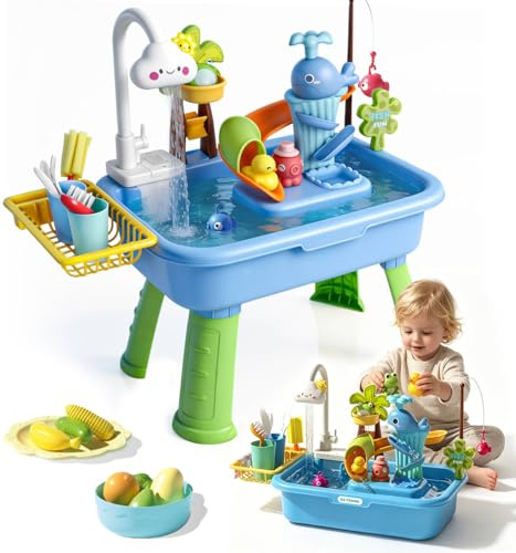 FUHSY Sand and Water Play Table with Fishing Toys, Sensory Activity Play Sets Outdoor Garden Water Toys, Beach Pool Outdoor Play Toy Kitchen Accessories for Summer Backyard Poolside Indoor