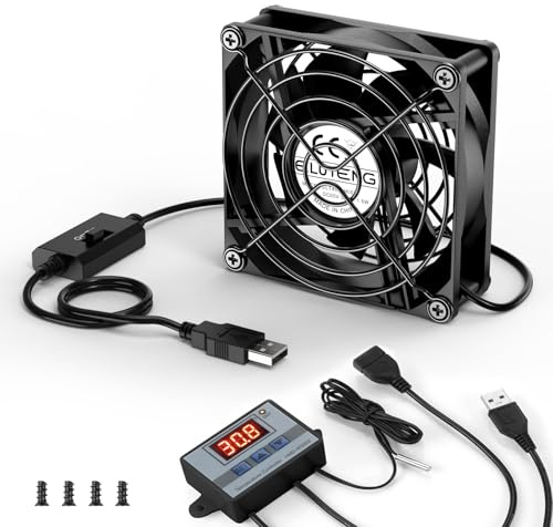 ELUTENG USB Fan 80mm with Digital Temperature Controller, 5V USB Powered PC Computer Fans 1500RPM 3 Adjustable Speeds Electronic Cooling Fan with Metal Grill for Laptop/TV Box/AV Cabinet/PS5/Router