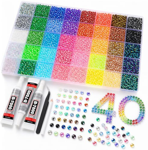3 2 000 stycken bedazzler-kit, 40 färger, 3 mm glitterstenar för pyssel, strass med lim och vaxpennor, glitterstenar naglar, bedazzling-kit, strasstenar för naglar, textilier, målning, hantverk