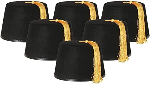 Confezione da 6 cappelli neri in feltro nero con nappa dorata, unisex, perfetti per feste in maschera