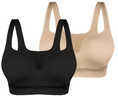 URPLITY Women Seamless Sports Bra Padded Plus Size Sleep Bras for Girls in Yoga Bralette Push Up Support Comfort Camisole Gym Bra Black and Beige