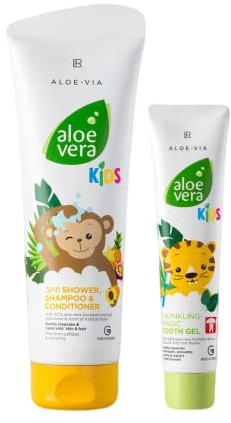 LR Aloe Vera KIDS - Set per amanti della giungla (gel doccia, shampoo e balsamo + gel magico glitterato) (gel dentale + shampoo 3 in 1)