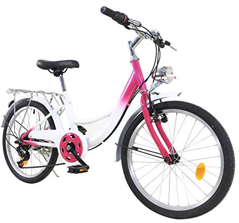 Fetcoi Kinderfahrrad 20 Zoll Mädchen Jungen Kinder Fahrrad 6 Gang Mountainbike mit Lampe für 12-16 Jahre (Rosa + Weiß)