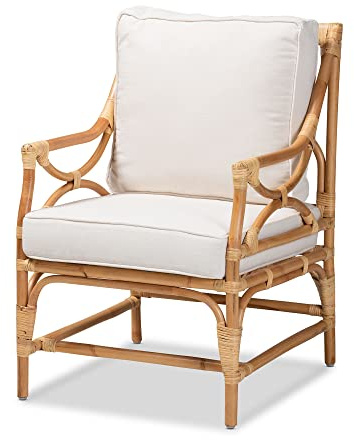 Bali & pari Brandon Modern Bohemian White Fabric Upholstered and Natural Rattan Armchair