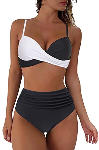 Yutdeng Trajes de Baño Divididos Mujer Push Up Bikinis con Aros Sexy Crossover Fruncido Conjunto de Bañador Correas Ajustables Estampado Braguita de Bikini Cintura Alta,Blanco,XL
