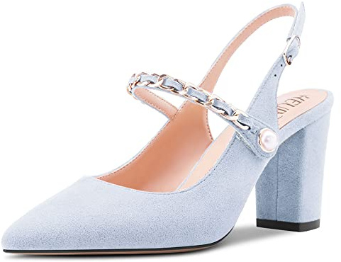 HEUIVZAR Pumps de Mujer Slingback Puntiaguada Punta Ancho Chunky Alto High Heel Correa Tobillo Sandalias Ante Dress Zapatos Novia de Boda 8 CM
