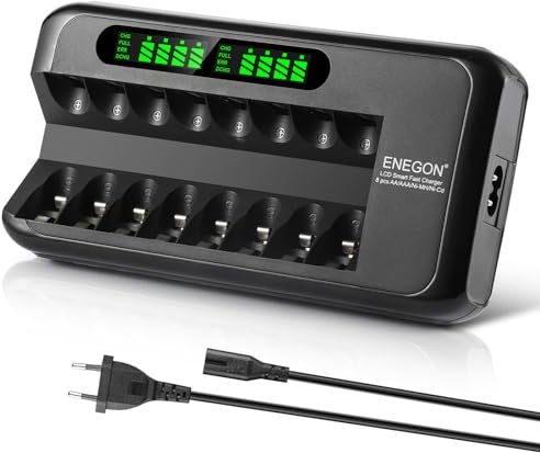 ENEGON Cargador de Pilas Recargables Rápido Con Adaptador de CA y Pantalla LCD Inteligente - 8 Ranuras Independientes Para AA AAA NI-MH NI-CD
