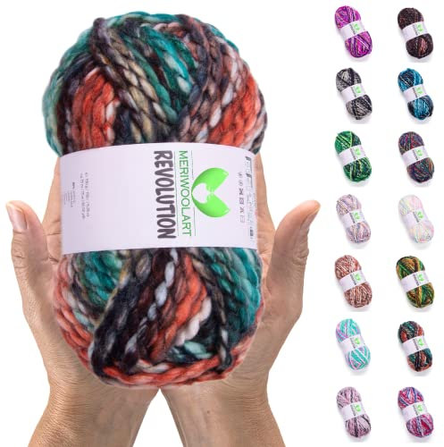 MeriWoolArt Merino Wolle zum Stricken – 75 m Mehrfarbige Dicke Weiche Merinowolle zum Stricken für Pullover Jacken – XXL Handstrickwolle – Voluminöse DIY Wolle für Schals Decken Tücher Geschenke