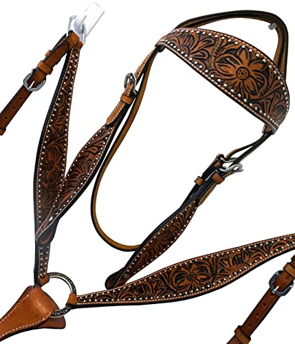 Western Horse Headstall Bridle Breast Collar Tack Set Leather Floral Tooled Handmade Full Cob Pony Breastplate ME-HBC-023A (Pony)