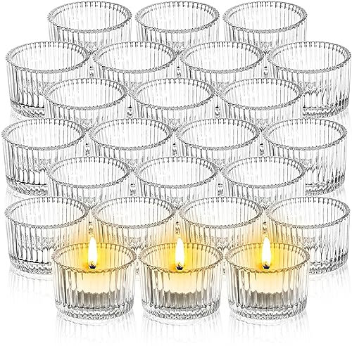 Elsjoy 24 Stück Mini Teelichthalter, Teelichtgläser Vintage, Klare Teelichthalter Glas Set für Hochzeit, Geburtstag, Festival, Tischdekoration
