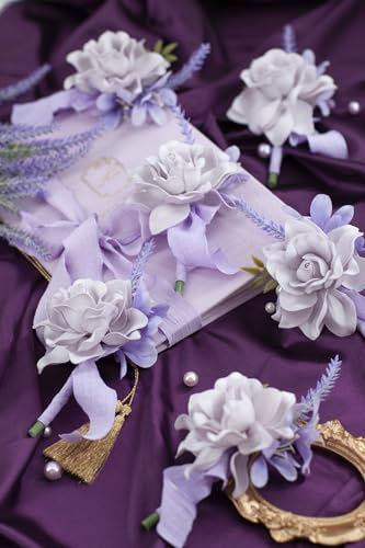 Yelinart Set von 6 lila Boutonniere für Männer für Hochzeit Bräutigam Trauzeugen Lavendel Künstliche Rose Blumen Boutonniere für Hochzeitszeremonie Jahrestag formelle Dinnerparty
