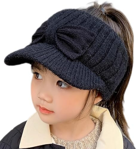 Ponytail Hats for Kids - Empty Top Knitted Visor Warm Wool Winter Hat Sports Cap for Little Girls, black, 2-7 Years