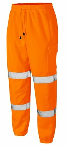 Hi Vis Jogging Bottoms High Visibility Cargo Work Trousers with Reflective Tape, Thick Brushed Fleece Lined Safety Joggers, Elasticated Waist Combat Cargo Sweatpants for Construction,(Orange,L)