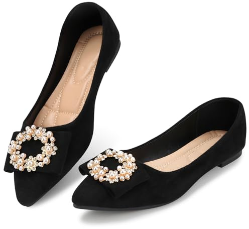 KUNWFNIX Women's Pointed Toe Pearl Flats, Faux Suede Comfort Dress Flats for Wedding Guest, Non-Slip Soft Sole Office Flats for Work, Party, Date