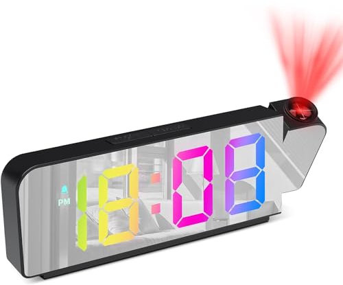 Kimroxi Projection Alarm Clock, LED Digital Colorful Mirror Clock for Bedroom, Bedside Projector Clock with Temperature, Snooze, Adjustable Brightness, 12/24H, Home Office(Adapter Not Included)