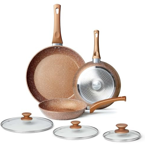 Innerwell 3-teiligs Antihaft Pfannenset mit Deckel 20+24+28 cm, Induktion Pfanne Keramik Antihaftbeschichtung, Granit Pfannen, PFOA-frei, PTFE-frei, PFAS-frei, Backofenfest, Spülmaschinenfest, Gold