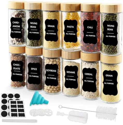 Foydream Girare Barattoli per Spezie, 12 Contenitori per Spezie Barattoli per Spezie da 120 ml con Coperchi in Bambù Barattoli per Spezie in Vetro con Setaccio Etichette Pennello Lmbuto