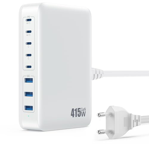 415W Cargador USB C Multiple, GAN IV 8-Port USB Charger Carga Rápida con Doble PD 100W, QC PPS Alimentador USB Multiple Cargador Tipo C para MacBook Air/Pro, iPhone, iPad Pro, Samsung, Huawei-Blanco