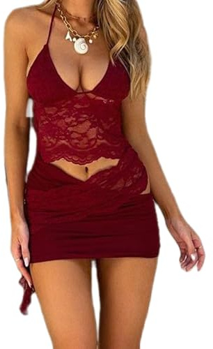 LYSINK Women's Y2k Summer Skirt Set Sheer Lace Halter Camisole Top Asymmetrical Ruched Mini Skirt Floral Embroidery 2pcs (A-Red, M)
