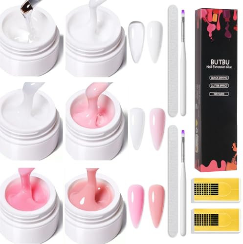 BUTBU Gel Ricostruzione Unghie, 6 Pezzi Colla per Unghia per Una, Solido per Fai da Te, Con Nail Brush, Lime per Unghie e Nail Forms, per Sculture 3D, Gemme, unghia Finte Allunga e Ripara (Set A)