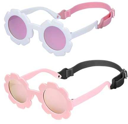 EOAMGO Baby Sunglasses, Toddler Sunglasses 0-24 Months，2 PCS Boy Girls Polarised Sunglass with Kids Glasses Strap, Cute Flower Uv400 Protection Sunglass for Newborn Infant Girls Boys, Pink & White