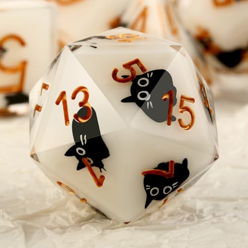 DNDND Kawaii Sharp Edge DND Dice Set - 7-Piece Cute Cat Sticker Polyhedral Dice for D&D 5E, Critical Roll & Anime RPG Fans - Collector's Gift with Dragon Case
