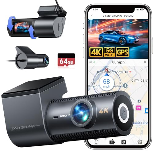 4K Dash Cam Front and Rear with GPS, 64GB SD Card, 5GWi-Fi, Loop Recording | Car Camera with 1.5-Inch IPS Screen, 24H Parking Mode, WDR Night Vision, 170° Wide-Angle Coverage, G-Sensor and App Control